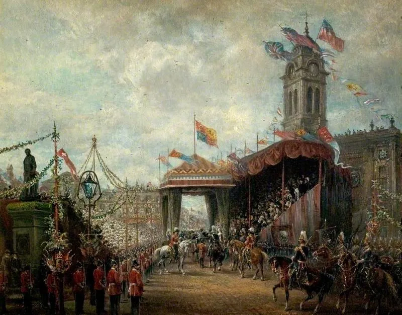 Market Place (The Royal Visit, Derby, 21 May 1891), by David Payne, oil