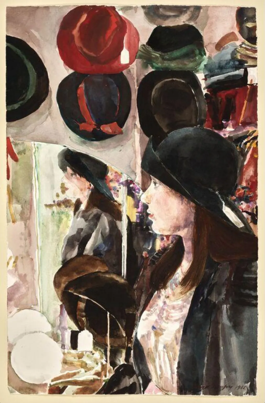 Girl in a Hat Shop, by David Remfry, watercolor, 1982