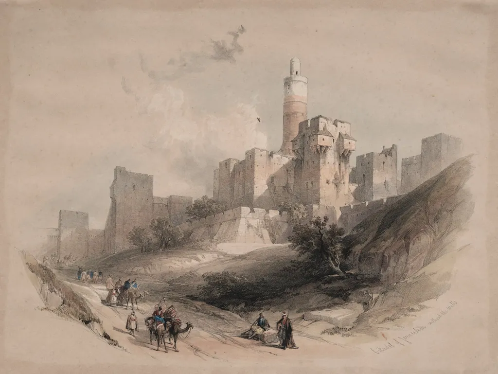 Citadel of Jerusalem, without the Walls, Tower of David, by David Roberts, 1839