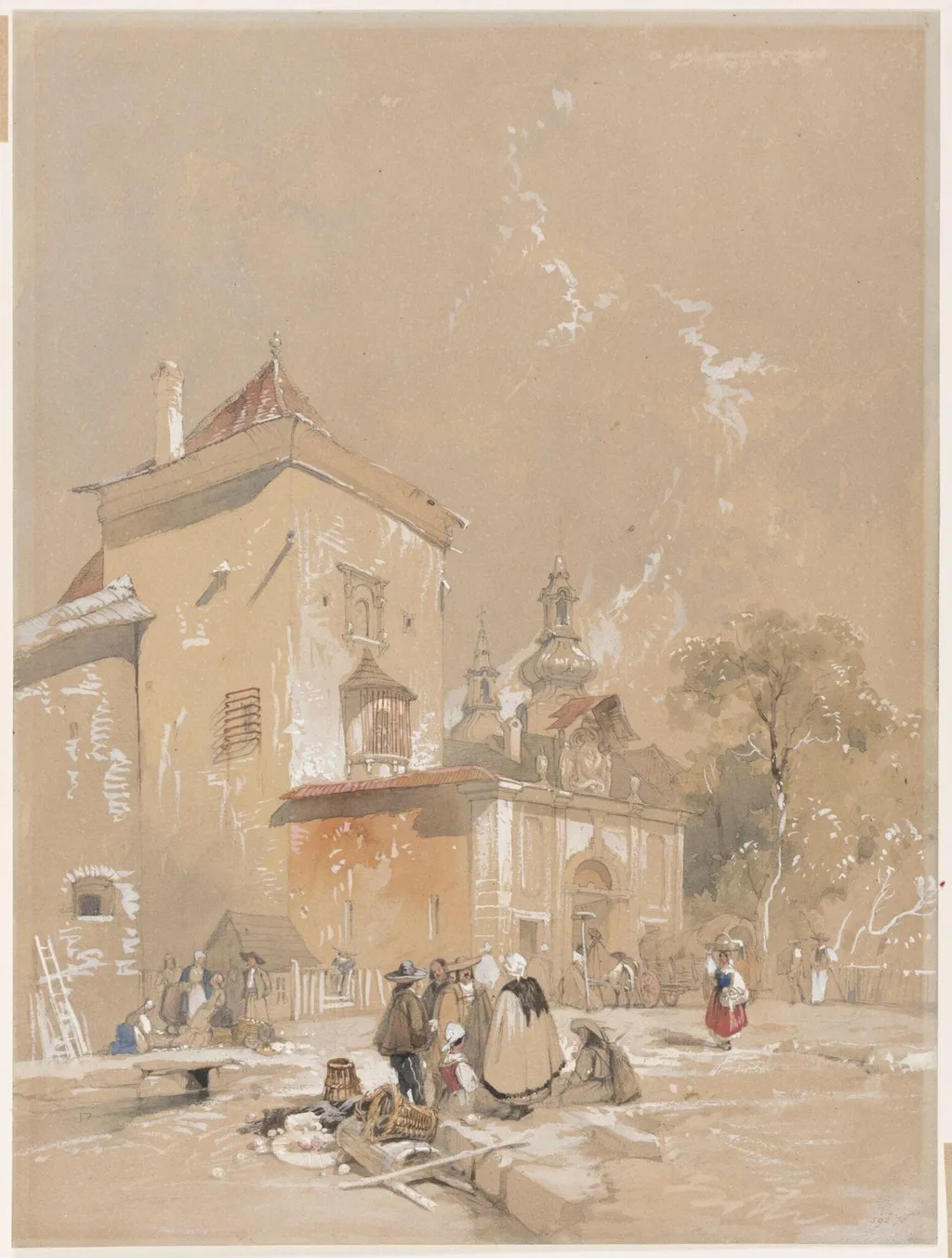 Gateway and buildings in Spain, by David Roberts, watercolor, 1820