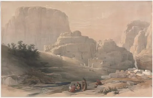Petra, Lower End of the Valley, Viewing the Acropolis, by David Roberts