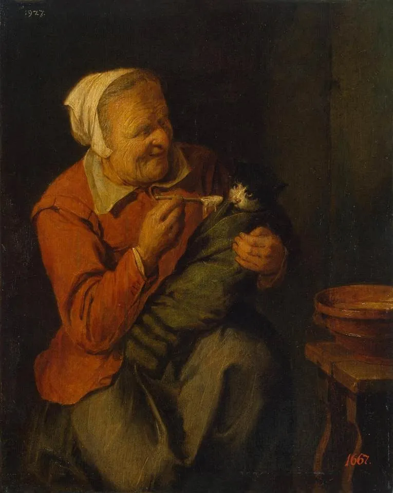 Peasant Woman with a Cat, by David Ryckaert III, oil, 1640