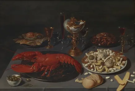 Still life with lobster, by David Ryckaert III, oil, 1617