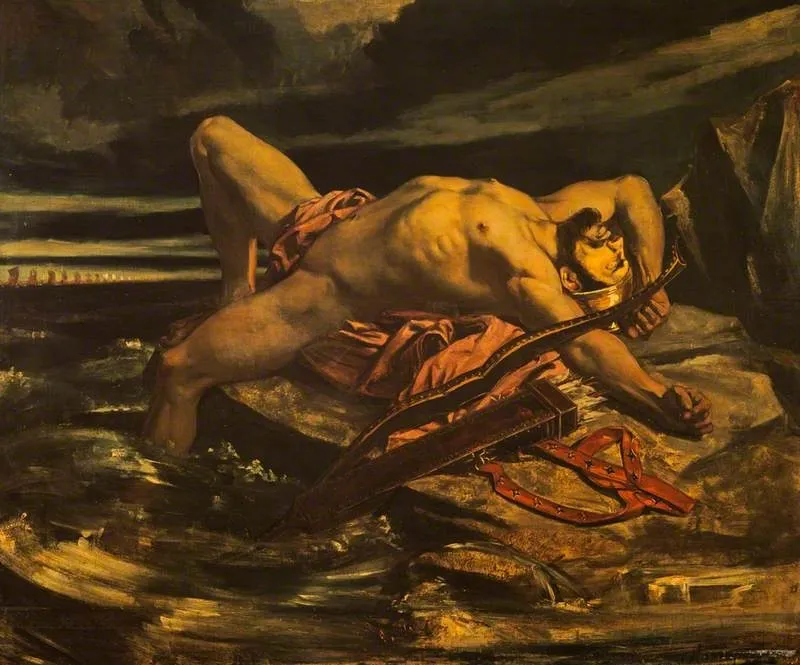 Philoctetes left on the Isle of Lemnos by the Greeks on their passage towards Troy, by David Scott, oil, 1840