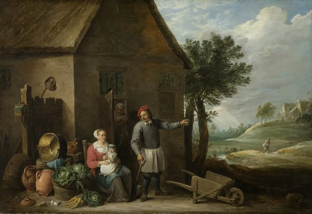 A peasant with his wife and child in front of the farmhouse, by David Teniers the Younger, 1650
