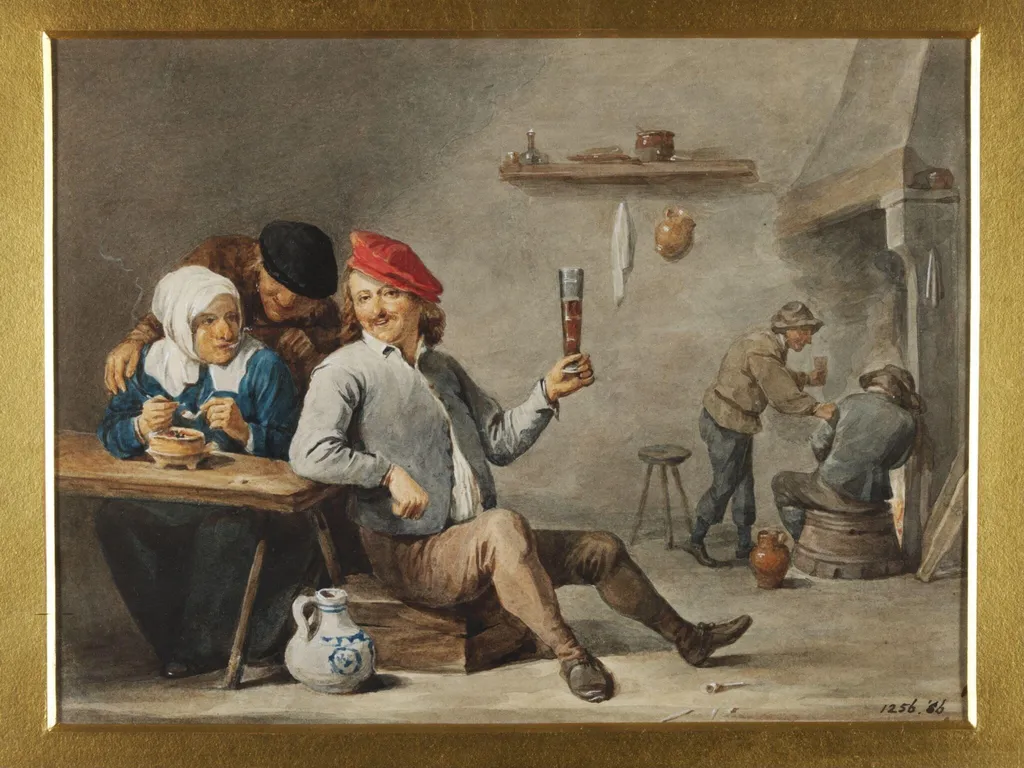 An Interior with a Man Holding Up a Glass and an Old Woman Lighting a Pipe, by David Teniers the Younger, watercolor