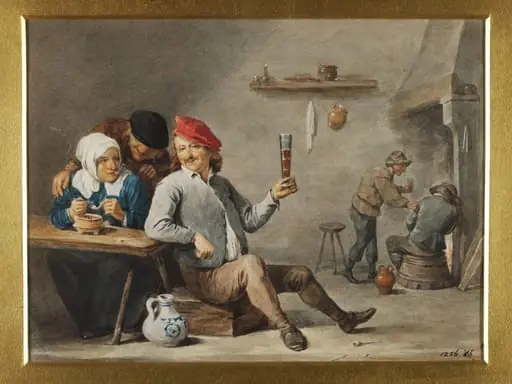 An Interior with a Man Holding Up a Glass and an Old Woman Lighting a Pipe, by David Teniers the Younger