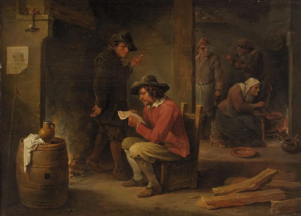 Farm interior with newspaper reader, by David Teniers the Younger