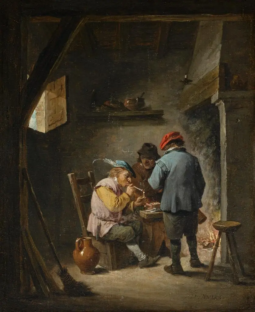 Interieurszene mit drei rauchenden Bauern vor einem Kaminfeuer, by David Teniers the Younger