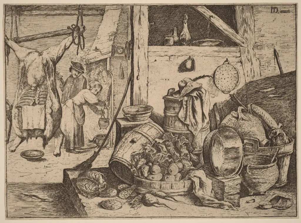 Interior of a Kitchen, by David Teniers the Younger, ink