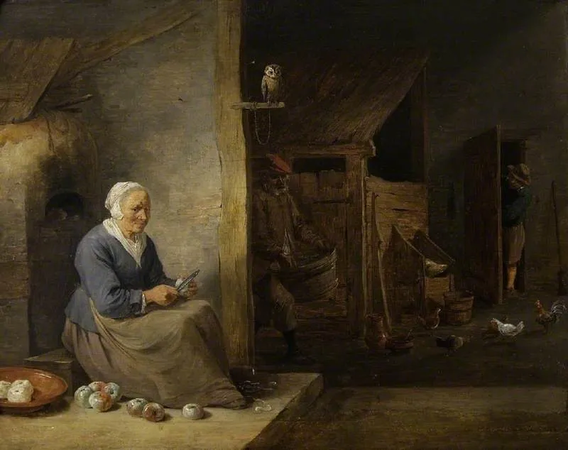 Interior, with an old woman peeling apples, by David Teniers the Younger, oil, 1660