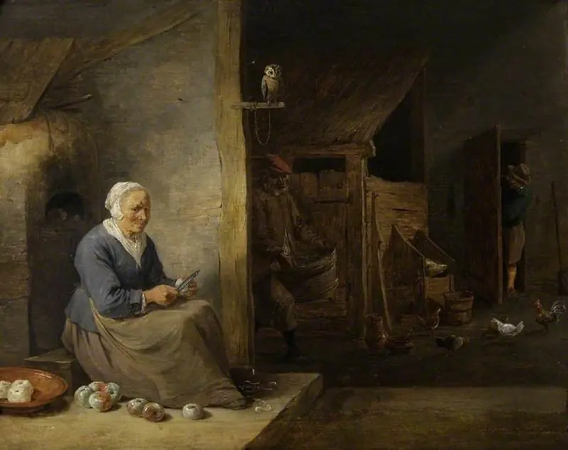 Interior, with an old woman peeling apples, by David Teniers the Younger