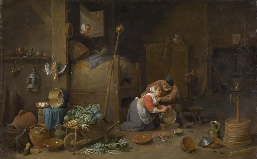Interior with old man groping a kitchen maid, by David Teniers the Younger