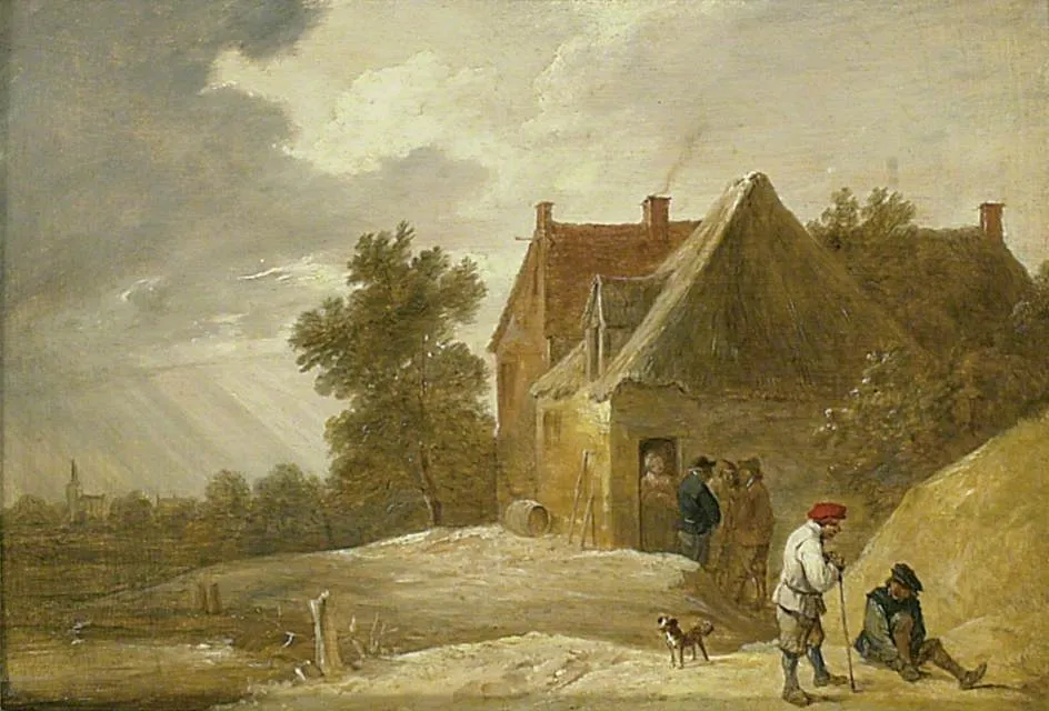 Landscape with a Farmhouse and Figures on the Bank of a River, by David Teniers the Younger, oil, 1660