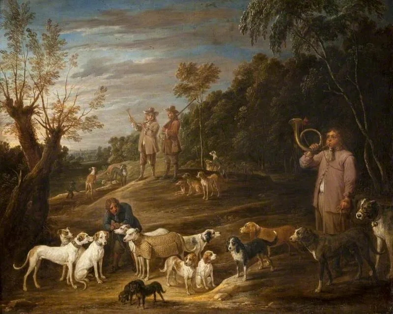 Landscape with Huntsmen and Dogs, by David Teniers the Younger, oil, 1645