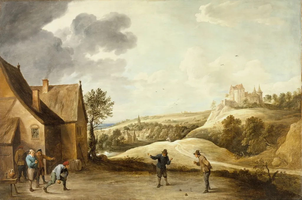Landscape with Peasants Playing Bowls Outside an Inn, by David Teniers the Younger, oil, 1660