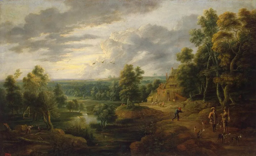 Landscape with Trees near a River (Landscape with Hunters), by David Teniers the Younger, oil, 1640