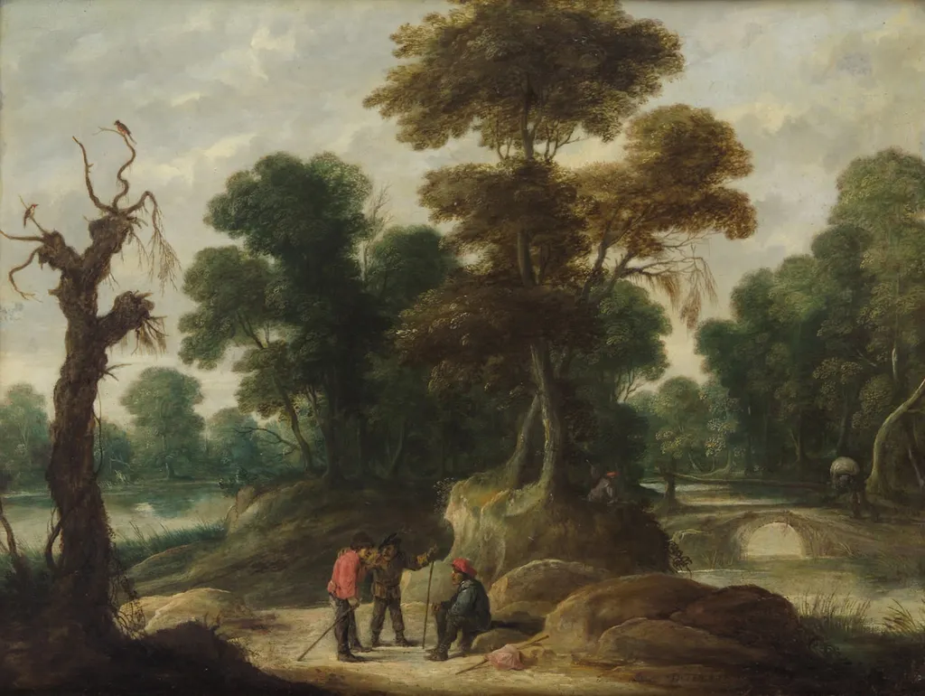 Landschaft mit drei Bauern, by David Teniers the Younger, unspecified, 1637