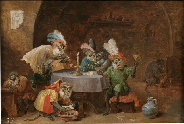 Monkeys smoking and drinking