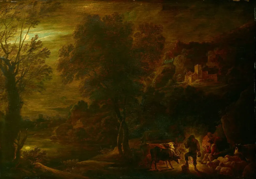 Moonlight landscape with shepherds at the fire, by David Teniers the Younger, oil, 1650