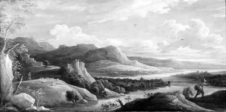 Mountain Scene with a River, by David Teniers the Younger, oil, 1650