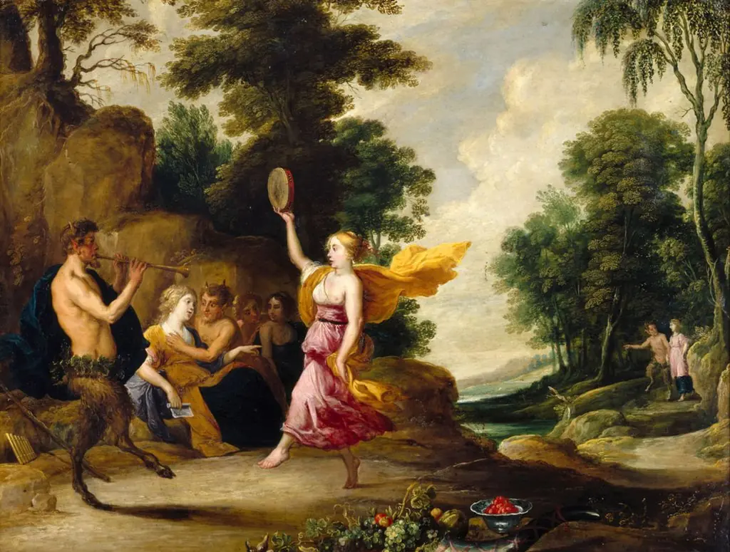 Pan plays the flute before nymphs and satyrs, by David Teniers the Younger