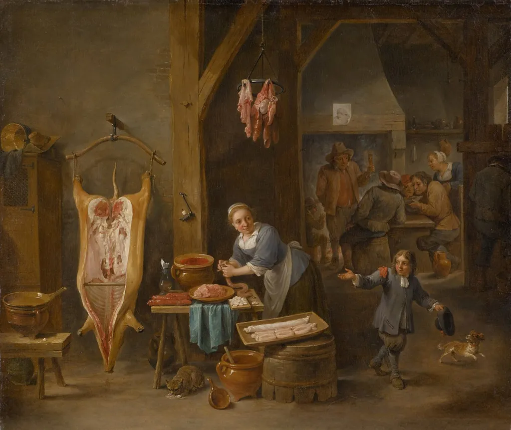 The Sausage Maker, by David Teniers the Younger, color, 1650
