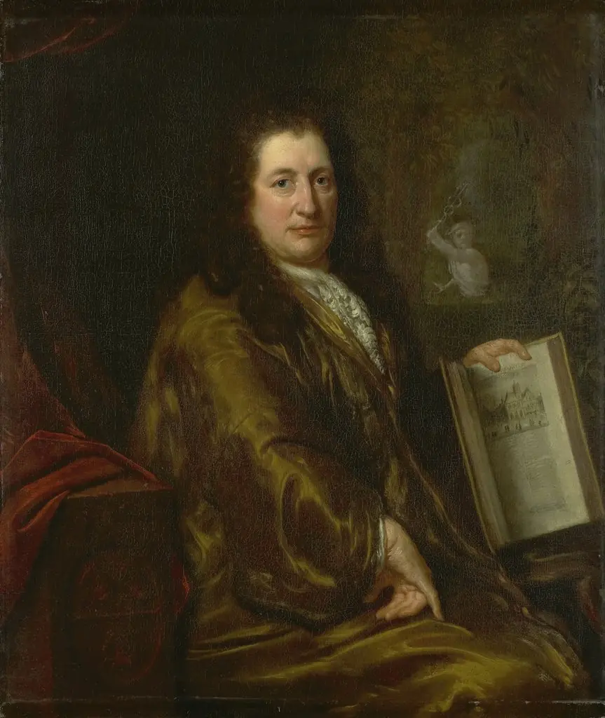 Portrait of Caspar Commelin, bookseller, newspaper publisher and author of the official history of Amsterdam 'Beschrijvinghe van Amsterdam'of 1693, by David van der Plas