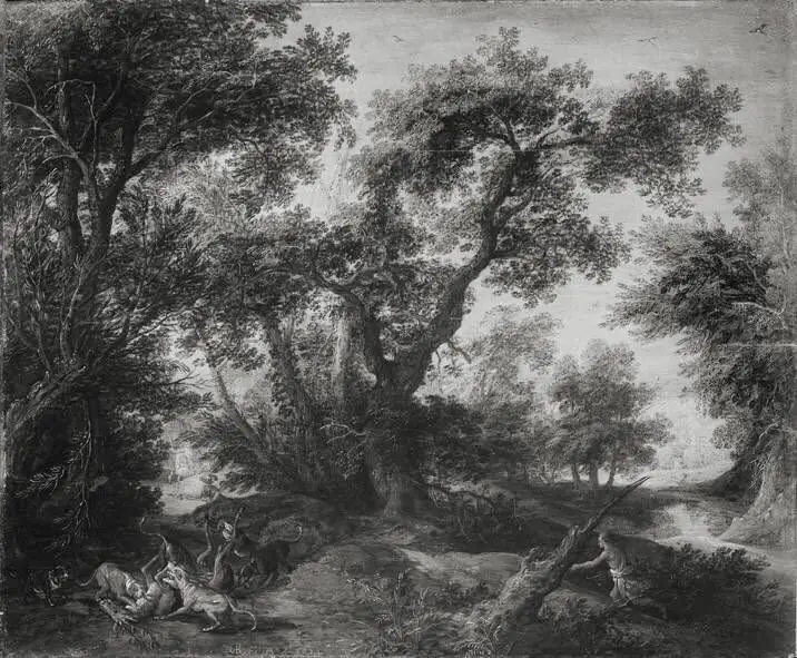 Wooded landscape with a deerhunt, by David Vinckboons