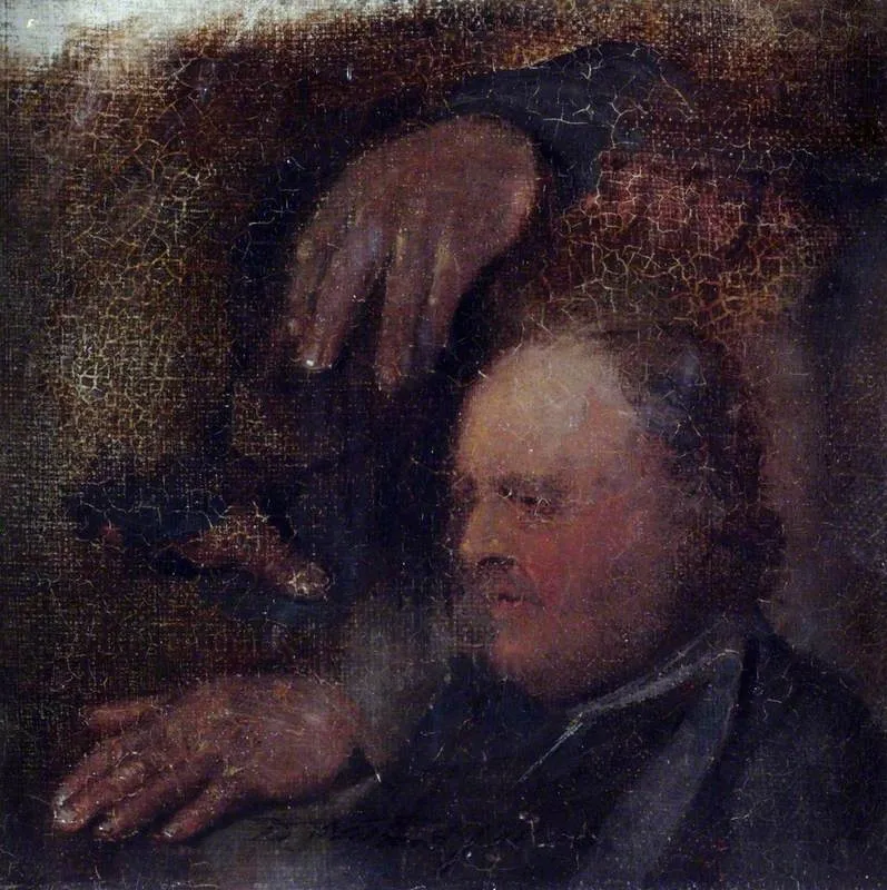 A Head and Two Hands (sketch), by David Wilkie, oil, 1806