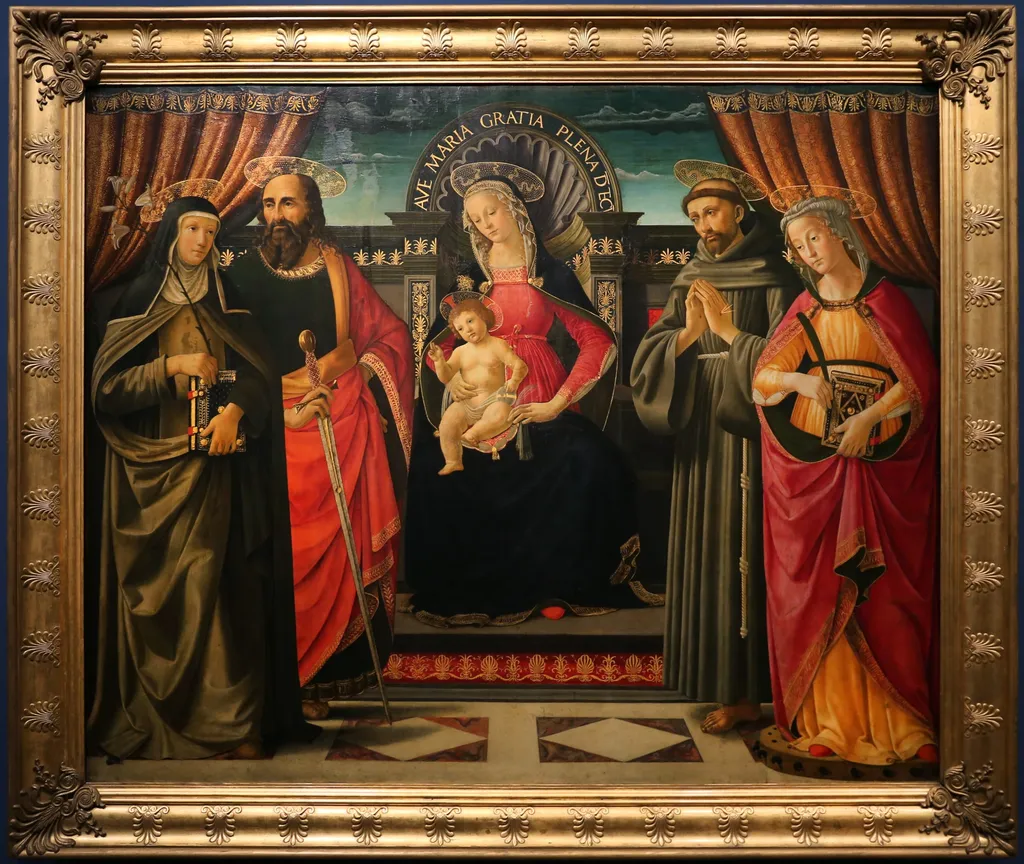 The Virgin with Blessing Child Enthroned and Saints, by Davide Ghirlandaio, paint, 1490
