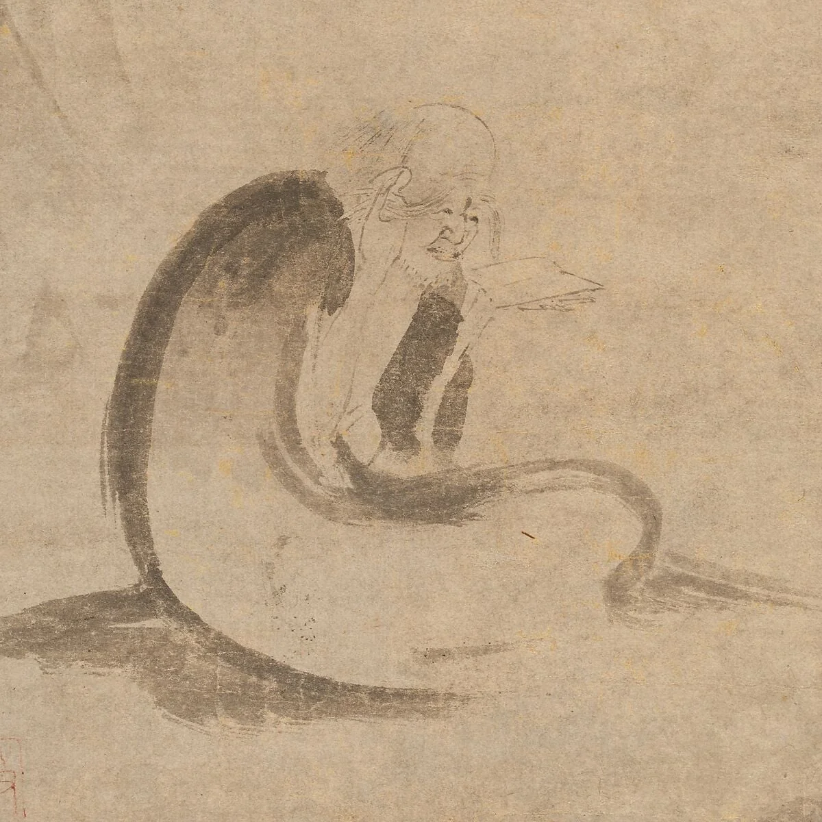 元 佚名 玉谿思珉題贊 對月圖 軸|Reading a Sutra by Moonlight, detail