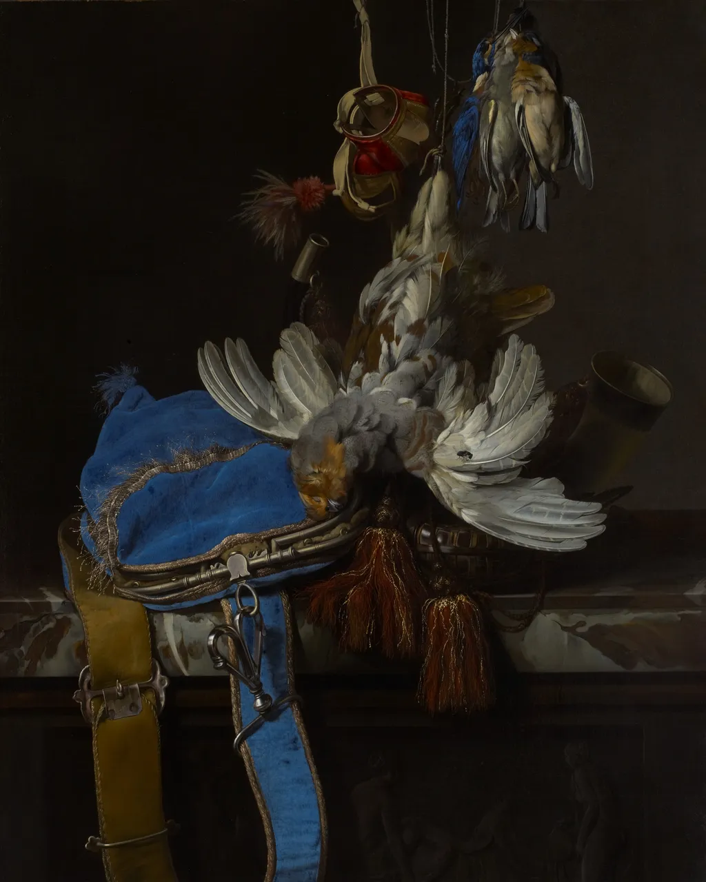 Hunt Still Life with a Velvet Bag on a Marble Ledge, by Willem van Aelst, oil, 1665