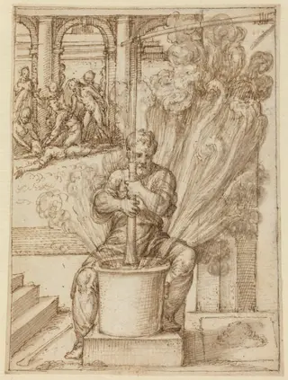 Study for Man Making an Explosion, by Giulio Bonasone, ink, 1539