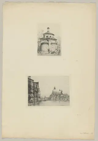 Two Peasant Women Before a Small Baptistry (above); Venice, Grand Canal (beow), by Luca Beltrami, ink, 1878