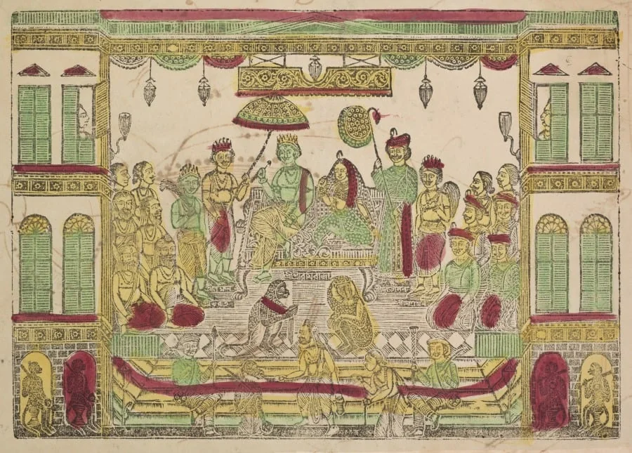 Rama and Sita in the royal palace (recto), from a Kalighat album, detail