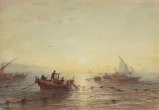 Tuna Fishing at Sunrise off the Coast near Marseilles, by Félix Ziem, ink, 1864