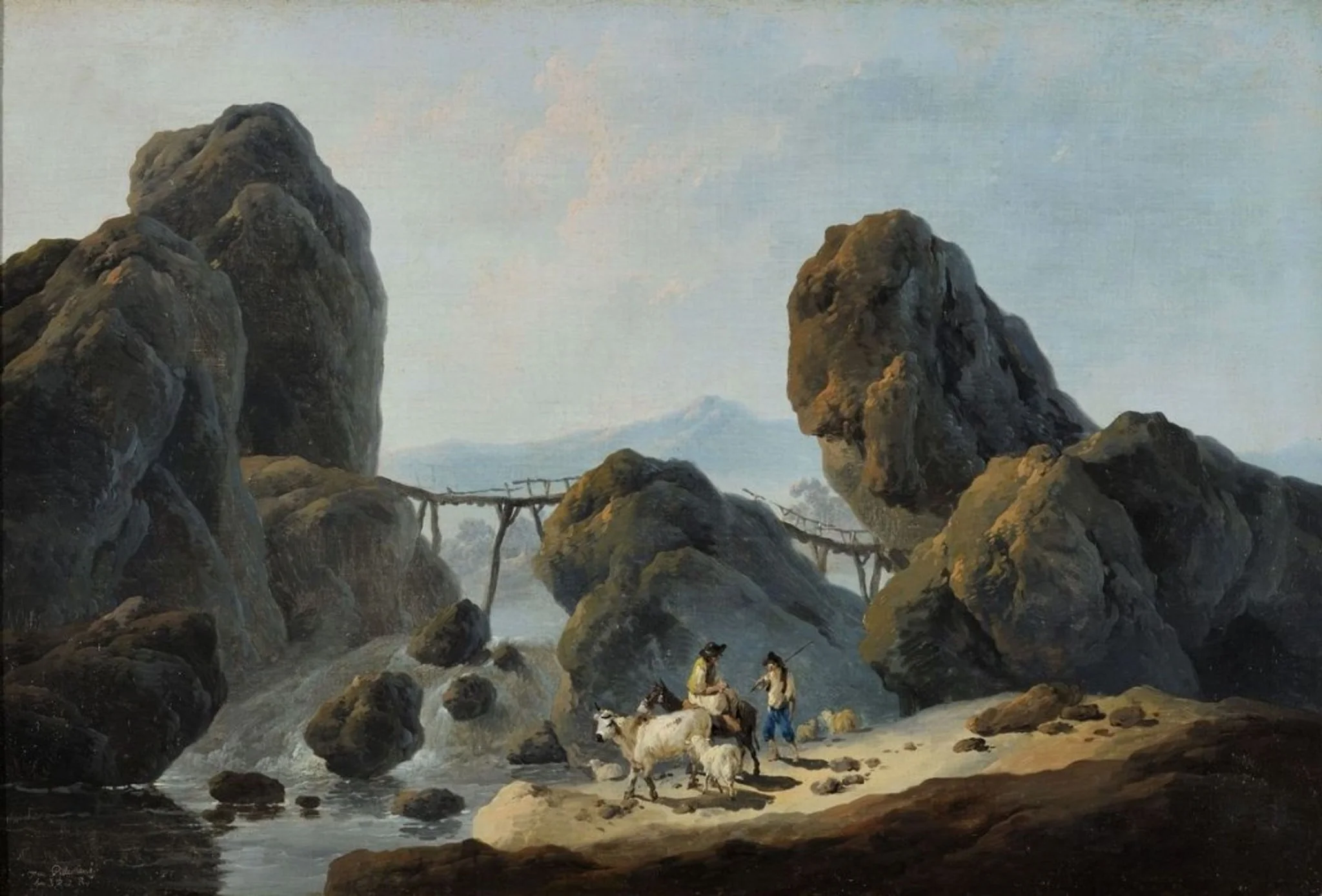 Rustic bridge leaning on rocks, detail