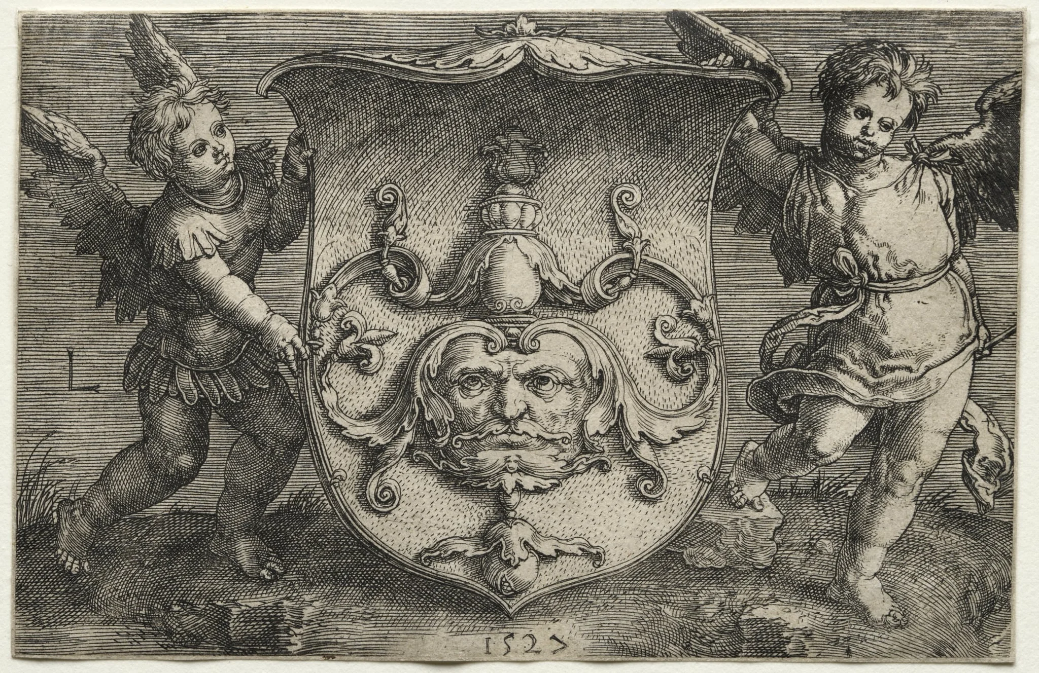 A Shield Bearing a Mask Supported by Two Genii, detail
