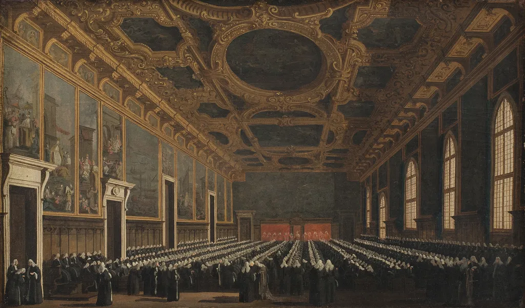 The Doge and Grand Council in Sala del Maggior Consiglio, by Canaletto, oil