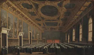 The Doge and Grand Council in Sala del Maggior Consiglio, by Canaletto, oil