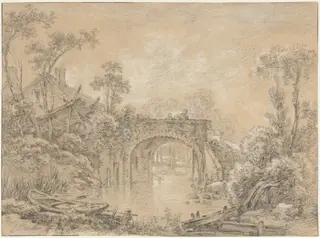 Landscape with a Rustic Bridge, by François Boucher, chalk, 1740
