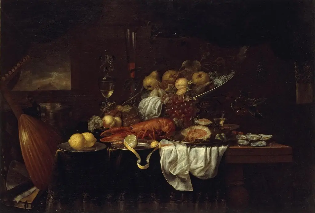 Lobster, Oysters and Fruits on the Table, by Joris van Son, oil, 1655