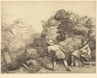 Allegory of the Peasant and Fortune (Le paysan et la fortune: Sujet allegorique, by Alphonse Legros, ink, 1874