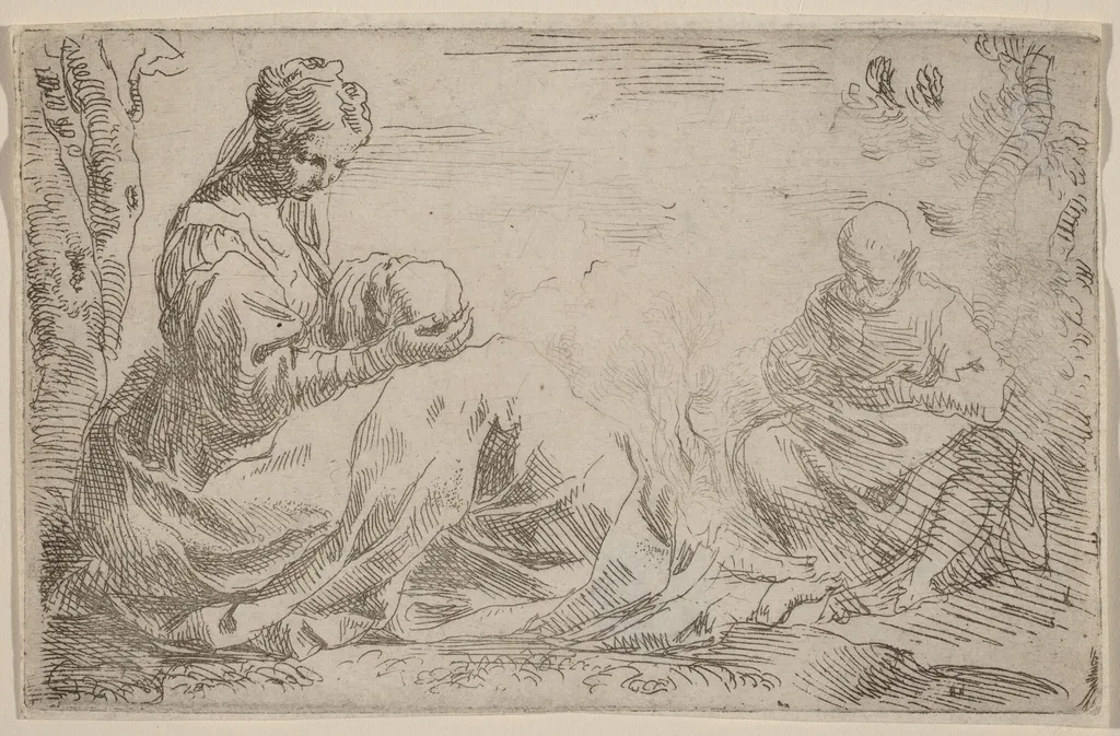 The Rest on the Flight into Egypt, by Simone Cantarini, ink, 1630