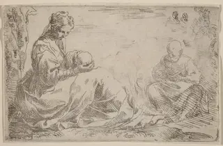 The Rest on the Flight into Egypt, by Simone Cantarini, ink, 1630