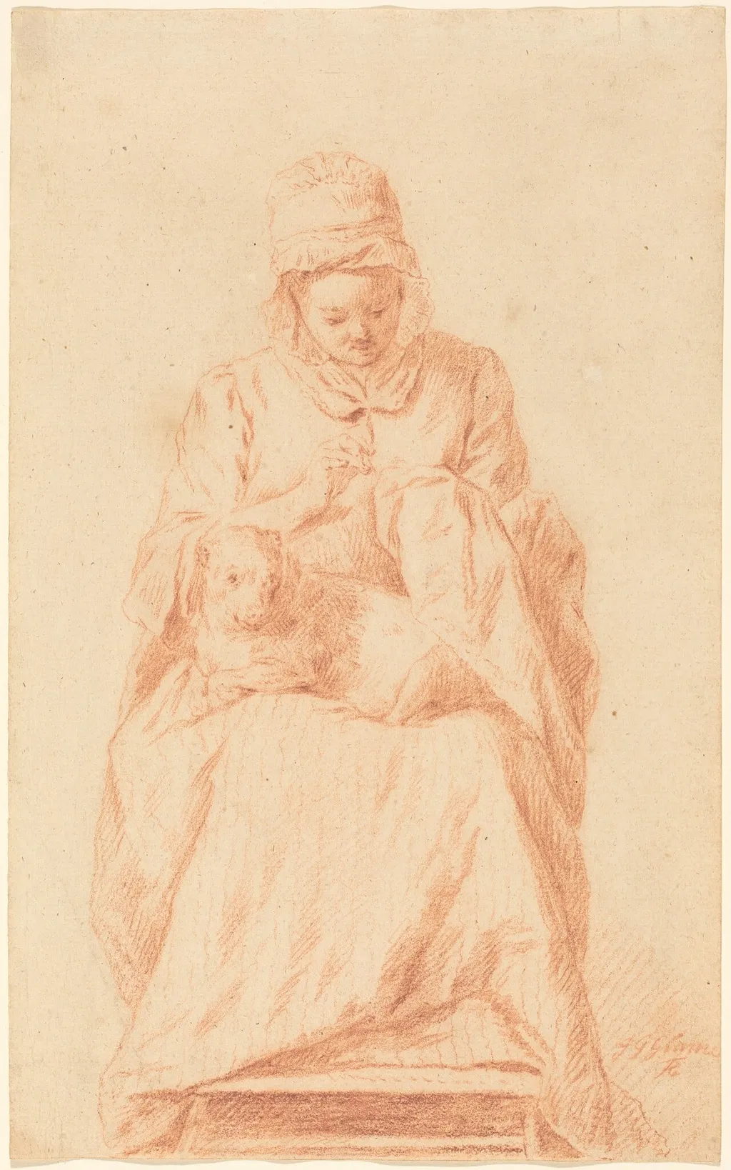 Young Woman Sewing with a Dog Resting on Her Lap, by Johann Gottlieb Glume, chalk, 1754