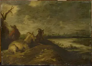 Landscape with goats, by Jacobus Mancadan, oil, 1651