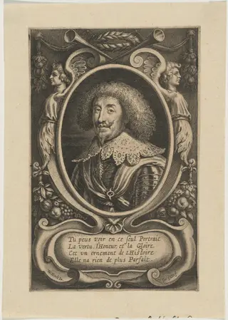 Portrait of Man in Oval with Decoration of Winged Figures, by Cornelis Galle I, ink, 1613