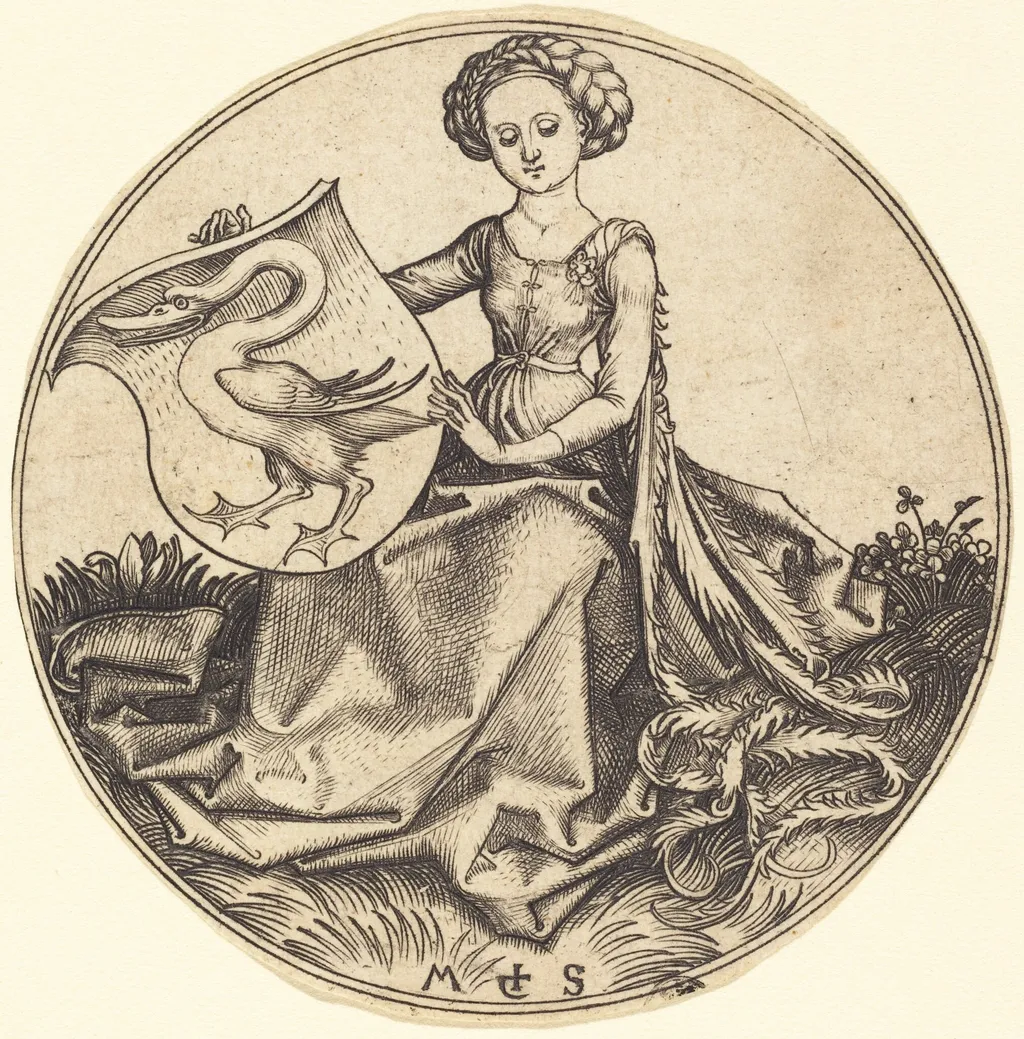 Shield with Swan, Held by Woman, by Martin Schongauer, ink, 1485